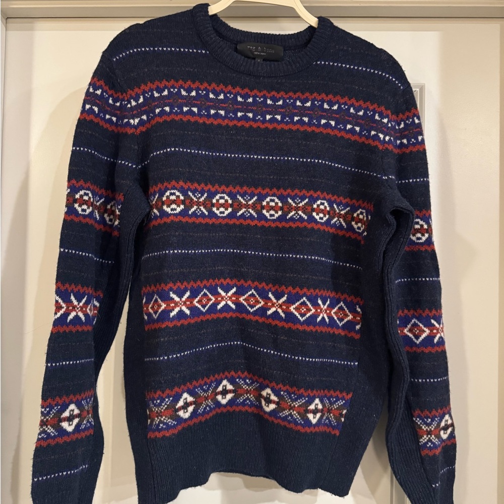 Rag & Bone Men's Wesley Fair Isle crewneck wool sweater in navy